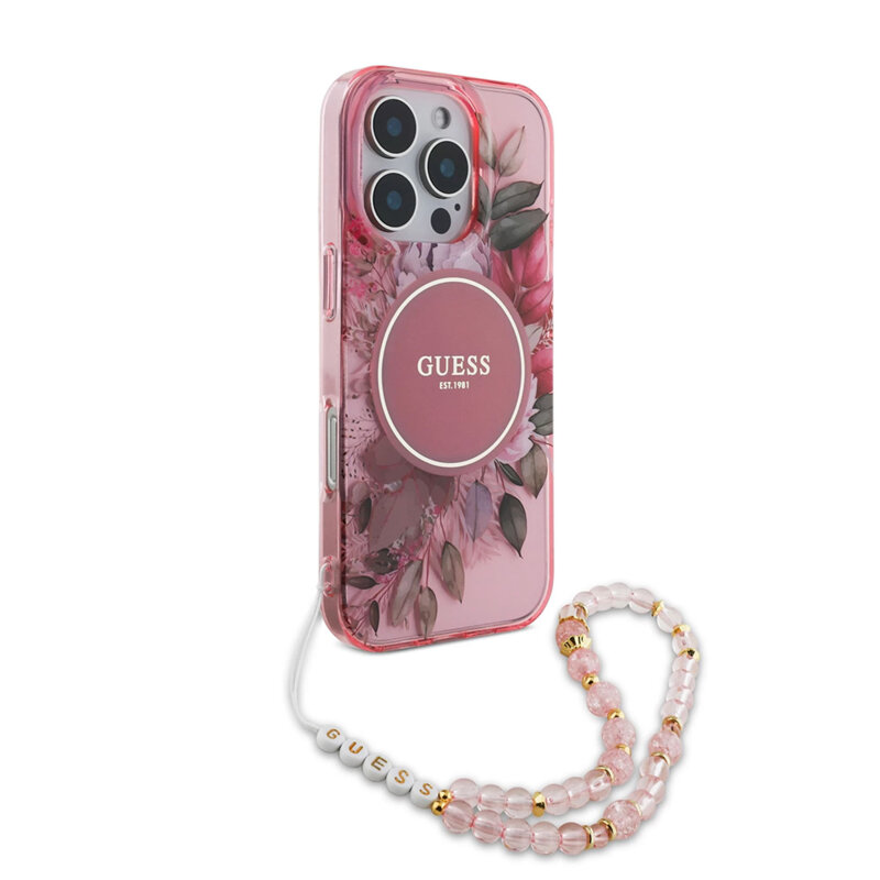 Husa iPhone 16 Pro Max originala Guess IML Flowers with Pearl Strap MagSafe, roz, GUHMP16XHFWBRCESP