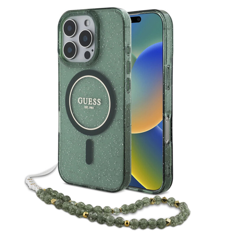 Husa iPhone 16 Pro Max originala Guess IML Glitter with Pearl Strap MagSafe, verde, GUHMP16XHGCRELSA