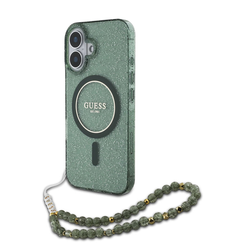 Husa iPhone 16 Plus originala Guess IML Glitter with Pearl Strap MagSafe, verde, GUHMP16MHGCRELSA