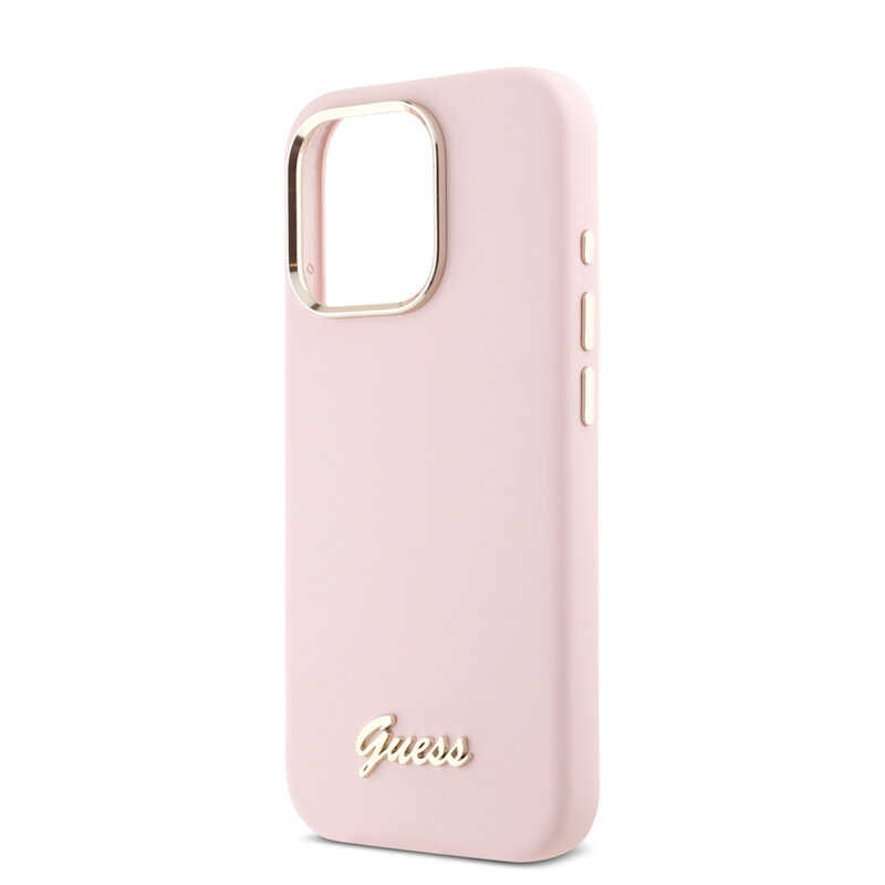 Husa Guess iPhone 16 Pro Silicone Script Metal Logo & Frame, roz, GUHCP16LSMBSLP