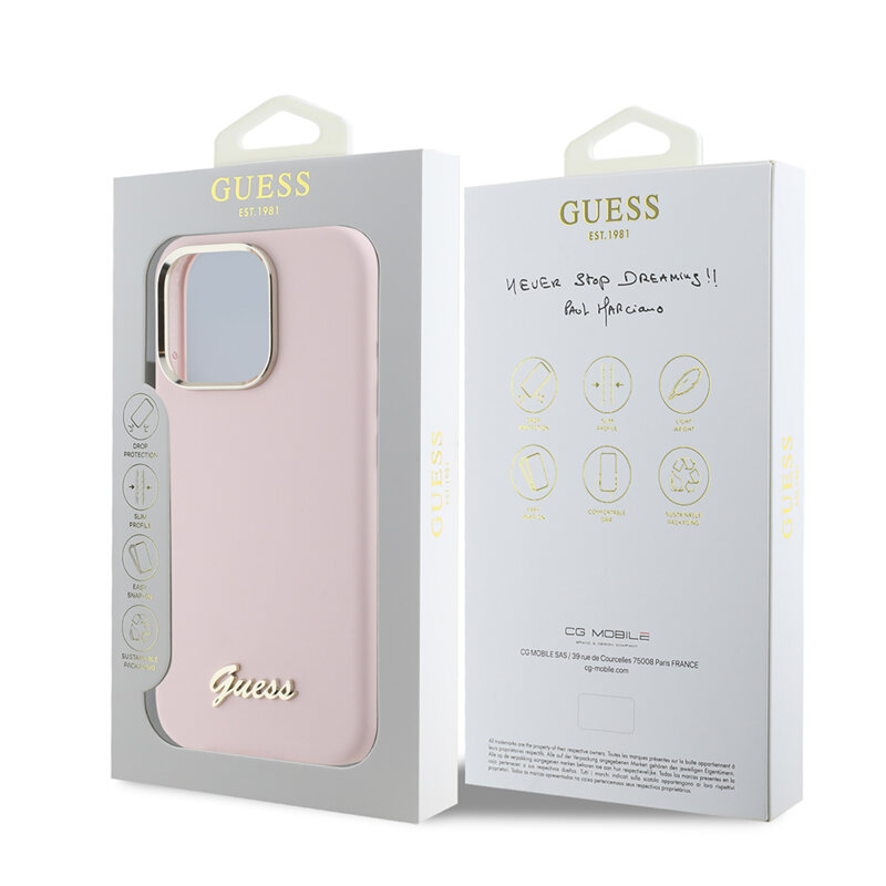 Husa Guess iPhone 16 Pro Silicone Script Metal Logo & Frame, roz, GUHCP16LSMBSLP