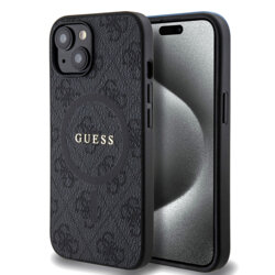 Husa iPhone 15 Guess 4G Ring Classic Logo MagSafe, negru, GUHMP15SG4GFRK