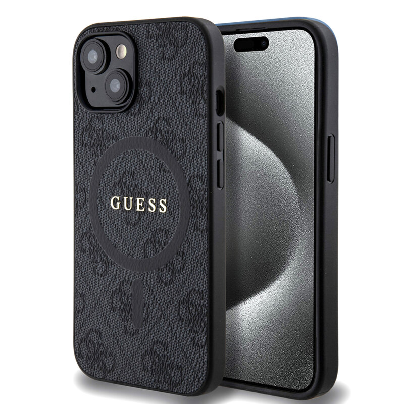 Husa iPhone 15 Guess 4G Ring Classic Logo MagSafe, negru, GUHMP15SG4GFRK