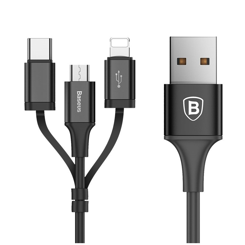 Cablu de date Micro USB/ USB-C/ Lightning Baseus Excellent - CA3IN1-ZY01 - Negru