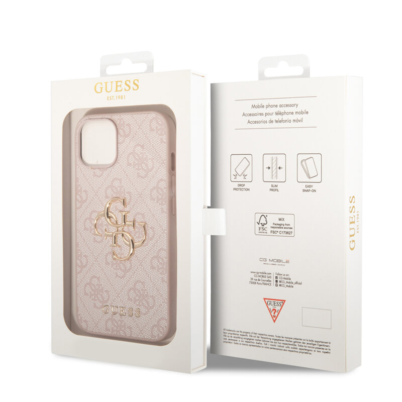 Husa iPhone 15 Guess Leather 4G Metal Logo, roz, GUHCP15S4GMGPI