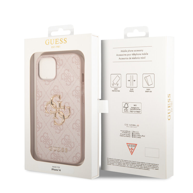 Husa iPhone 14 Guess Leather 4G Metal Logo, roz, GUHCP14S4GMGPI