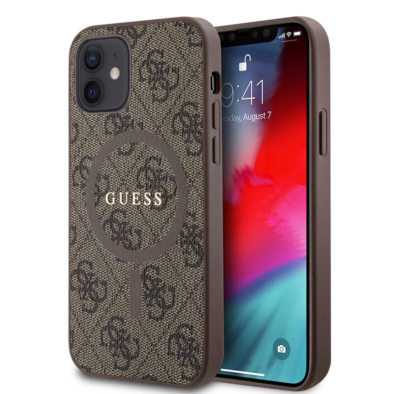 Husa iPhone 12 Guess 4G Ring Classic Logo MagSafe, maro, GUHMP12MG4GFRW