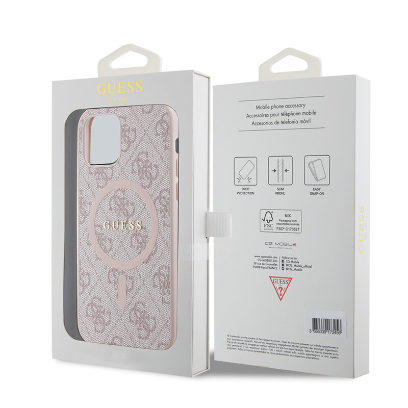 Husa iPhone 12 Pro Guess 4G Ring Classic Logo MagSafe, roz, GUHMP12MG4GFRP