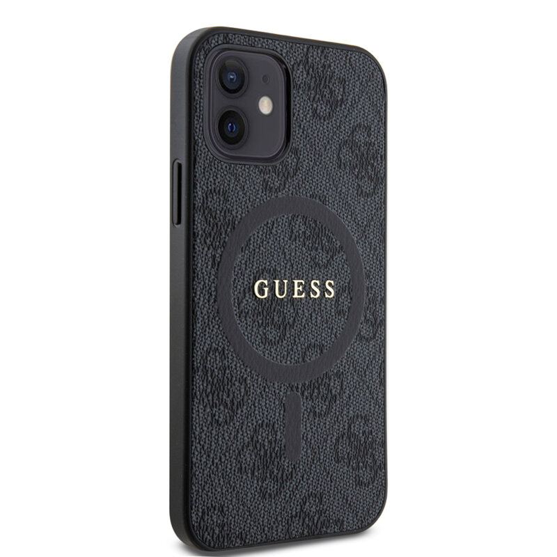 Husa iPhone 12 Guess 4G Ring Classic Logo MagSafe, negru, GUHMP12MG4GFRK