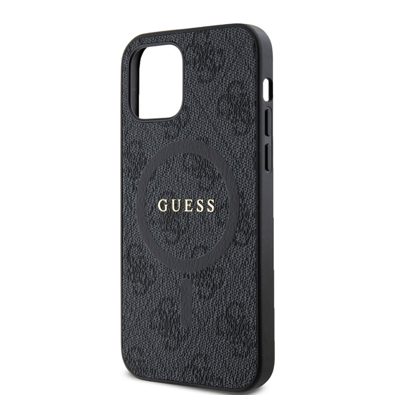 Husa iPhone 12 Guess 4G Ring Classic Logo MagSafe, negru, GUHMP12MG4GFRK