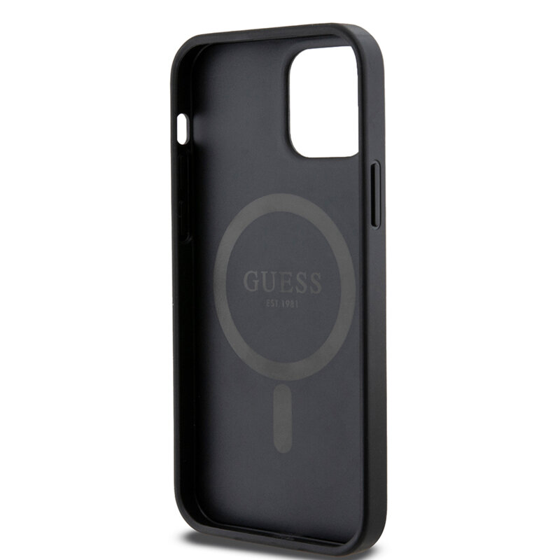 Husa iPhone 12 Guess 4G Ring Classic Logo MagSafe, negru, GUHMP12MG4GFRK