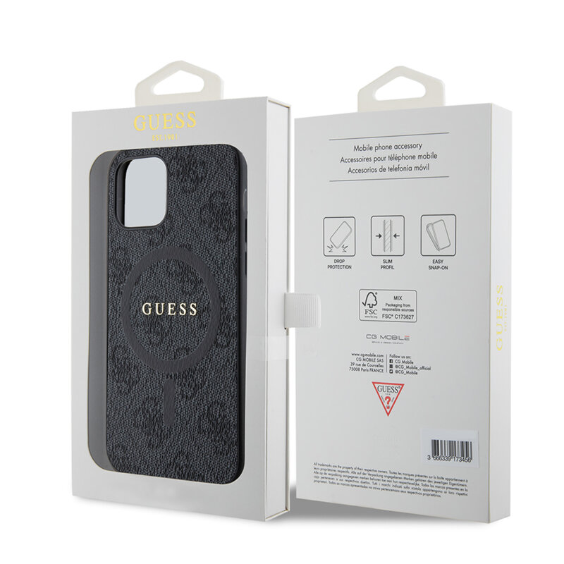 Husa iPhone 12 Guess 4G Ring Classic Logo MagSafe, negru, GUHMP12MG4GFRK