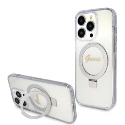 Husa Guess iPhone 15 Pro Ring Stand Script Glitter MagSafe, transparenta, GUHMP15LHRSGSD