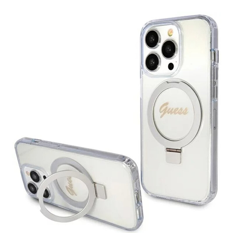 Husa Guess iPhone 15 Pro Ring Stand Script Glitter MagSafe, transparenta, GUHMP15LHRSGSD