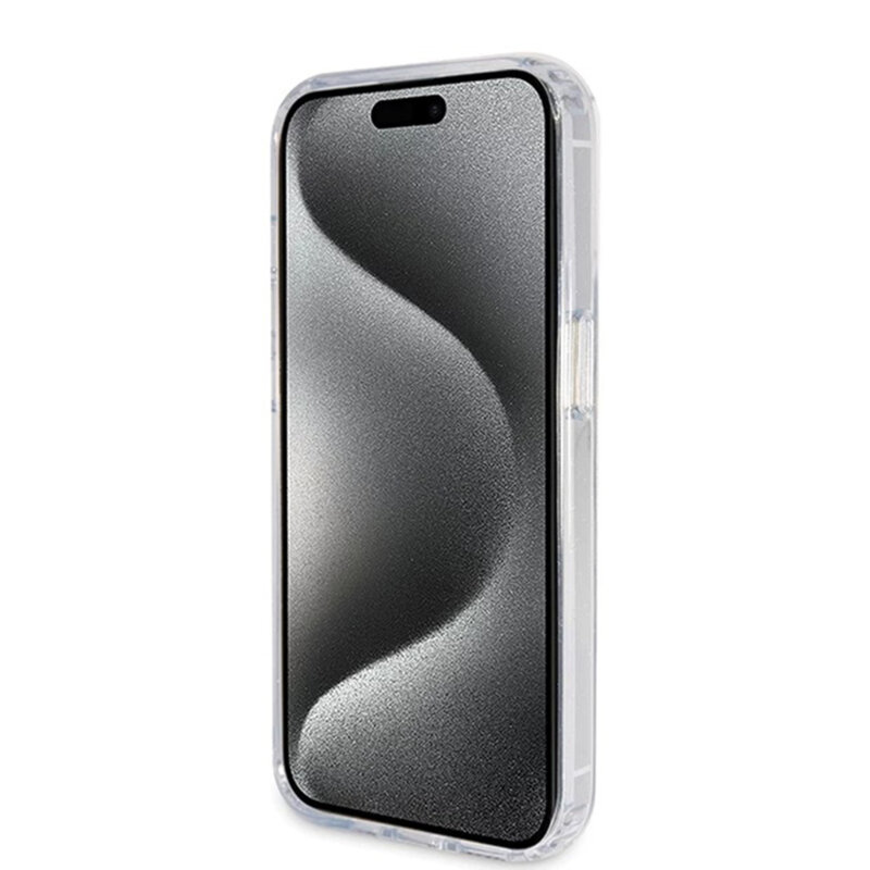 Husa Guess iPhone 15 Pro Ring Stand Script Glitter MagSafe, transparenta, GUHMP15LHRSGSD