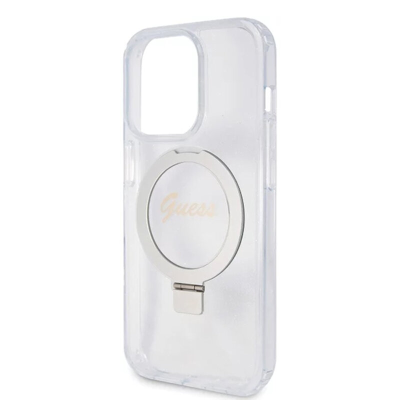 Husa Guess iPhone 15 Pro Ring Stand Script Glitter MagSafe, transparenta, GUHMP15LHRSGSD