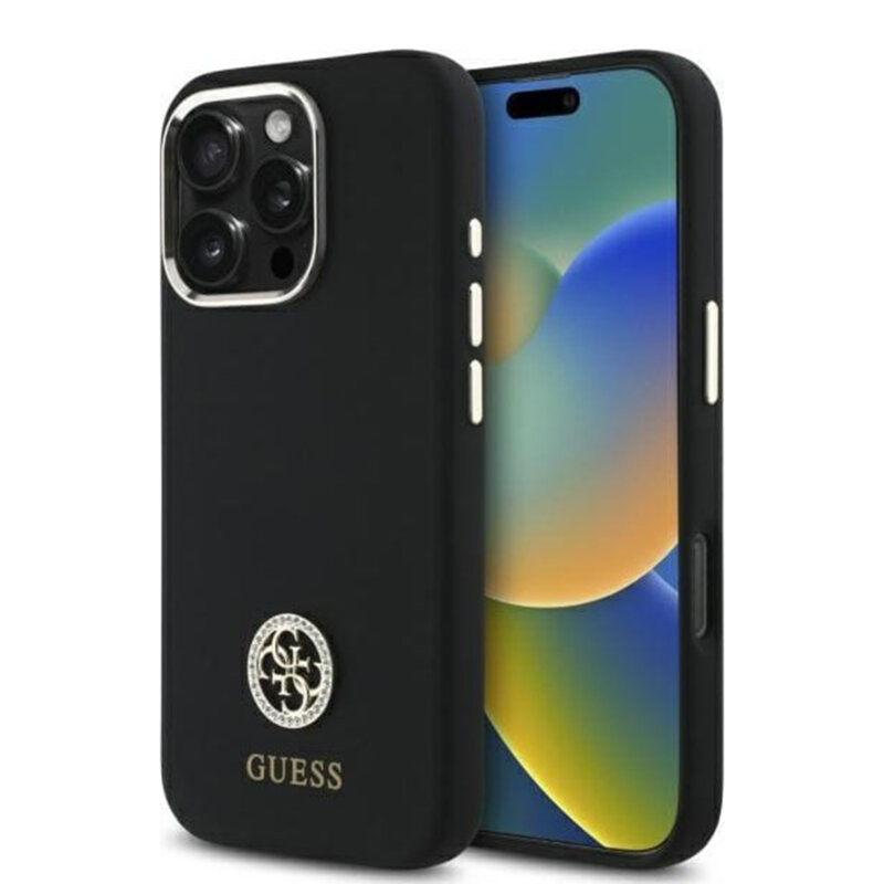 Husa Guess iPhone 16 Pro Max Silicone Logo Strass 4G, negru, GUHCP16XM4DGPK