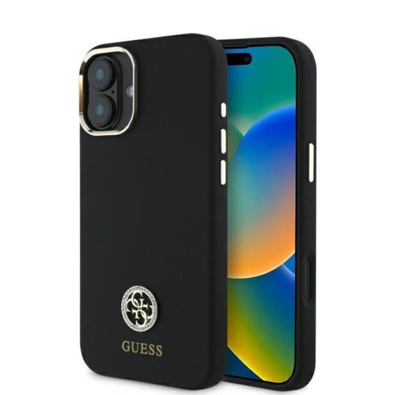 Husa Guess iPhone 16 Silicone Logo Strass 4G, negru, GUHCP16SM4DGPK