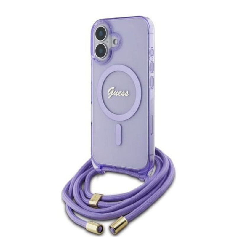 Husa Guess IML Crossbody Cord Script MagSafe iPhone 16, mov, GUHMP16SHCTSGNSU