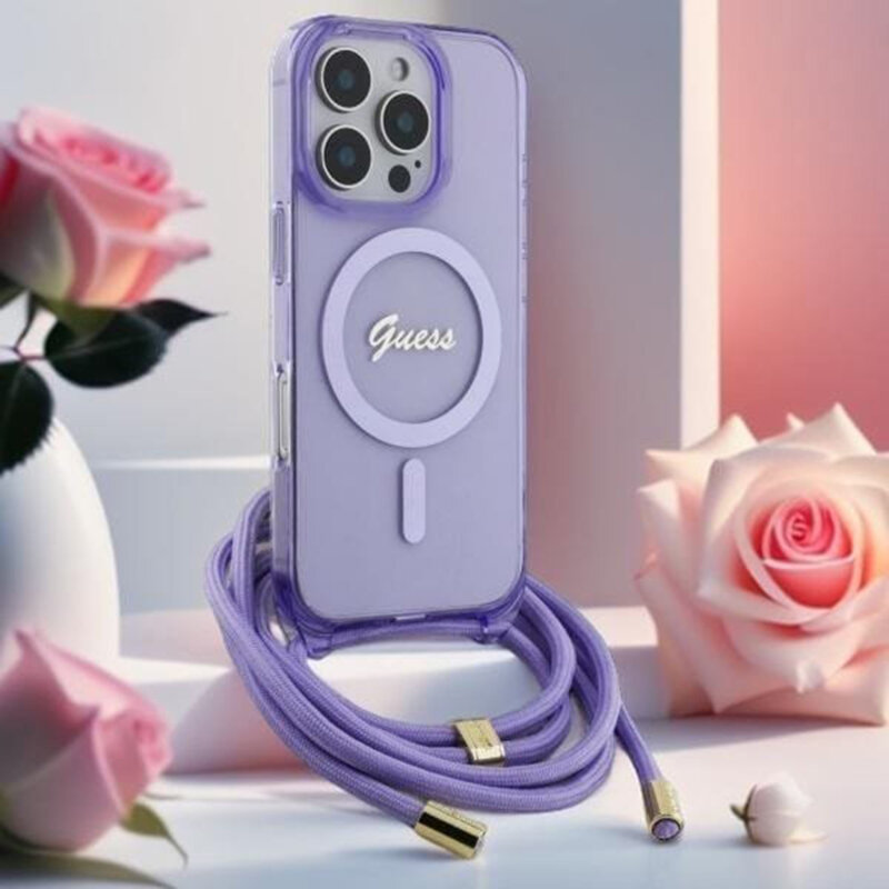 Husa Guess IML Crossbody Cord Script MagSafe iPhone 16, mov, GUHMP16SHCTSGNSU