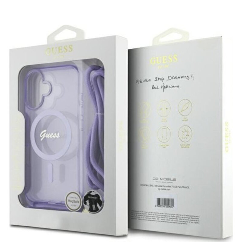 Husa Guess IML Crossbody Cord Script MagSafe iPhone 16, mov, GUHMP16SHCTSGNSU