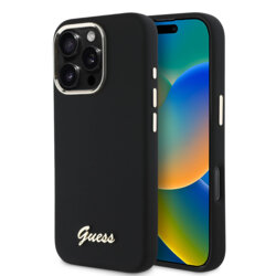 Husa Guess iPhone 16 Pro Silicone Script Metal Logo & Frame, negru, GUHCP16LSMBSLK
