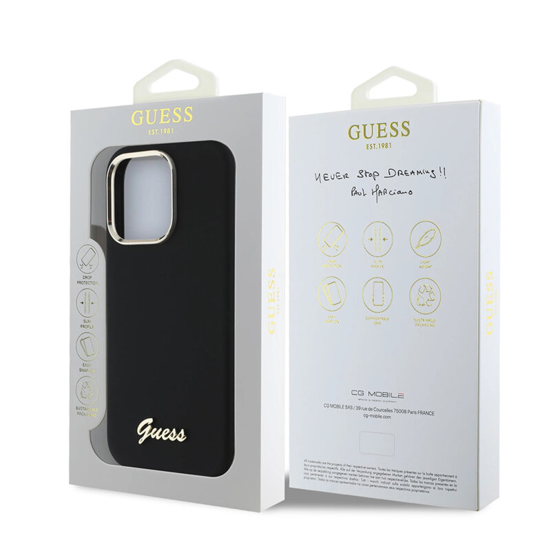 Husa Guess iPhone 16 Pro Silicone Script Metal Logo & Frame, negru, GUHCP16LSMBSLK