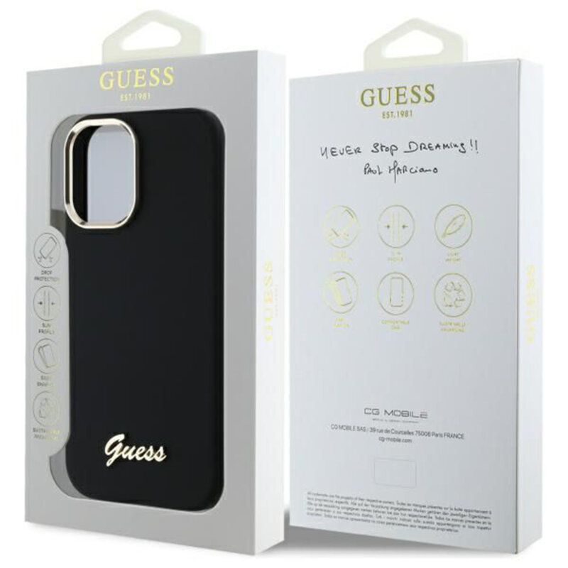 Husa Guess iPhone 16 Plus Silicone Script Metal Logo & Frame, negru, GUHCP16MSMBSLK