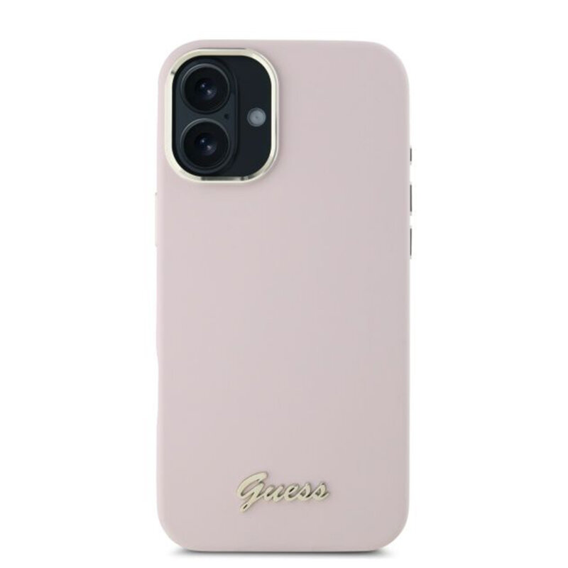 Husa Guess iPhone 16 Plus Silicone Script Metal Logo & Frame, roz, GUHCP16MSMBSLP