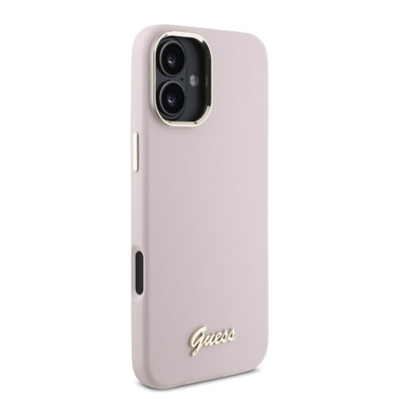 Husa Guess iPhone 16 Plus Silicone Script Metal Logo & Frame, roz, GUHCP16MSMBSLP