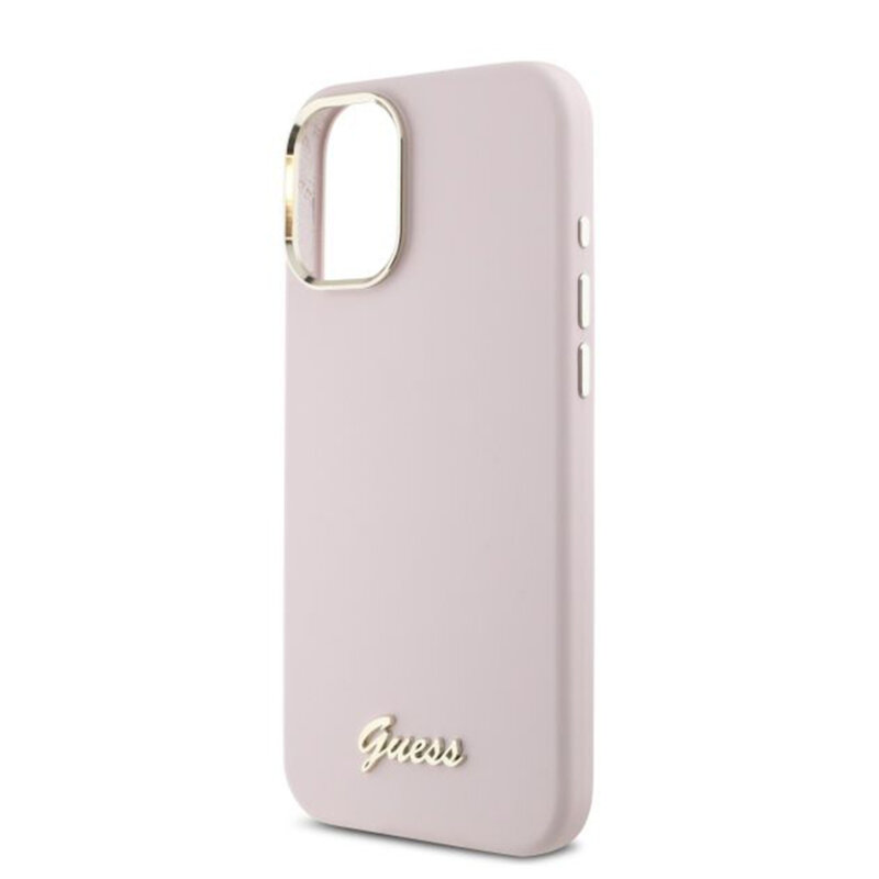 Husa Guess iPhone 16 Plus Silicone Script Metal Logo & Frame, roz, GUHCP16MSMBSLP