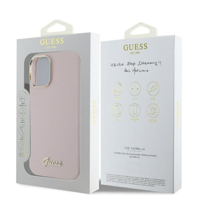 Husa Guess iPhone 16 Plus Silicone Script Metal Logo & Frame, roz, GUHCP16MSMBSLP