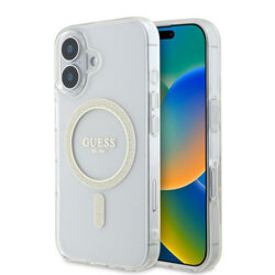 Husa iPhone 16 originala Guess IML Glitter Circle MagSafe, transparenta, GUHMP16SHFGERET