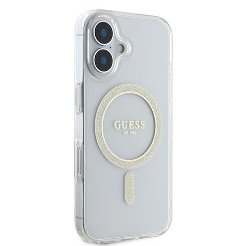 Husa iPhone 16 originala Guess IML Glitter Circle MagSafe, transparenta, GUHMP16SHFGERET