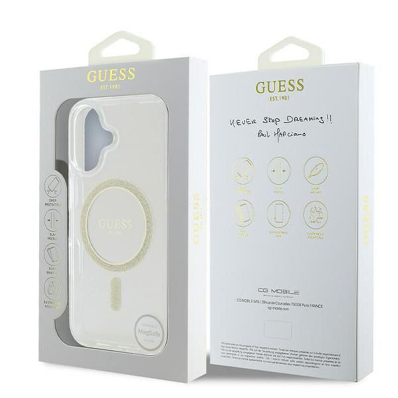Husa iPhone 16 originala Guess IML Glitter Circle MagSafe, transparenta, GUHMP16SHFGERET
