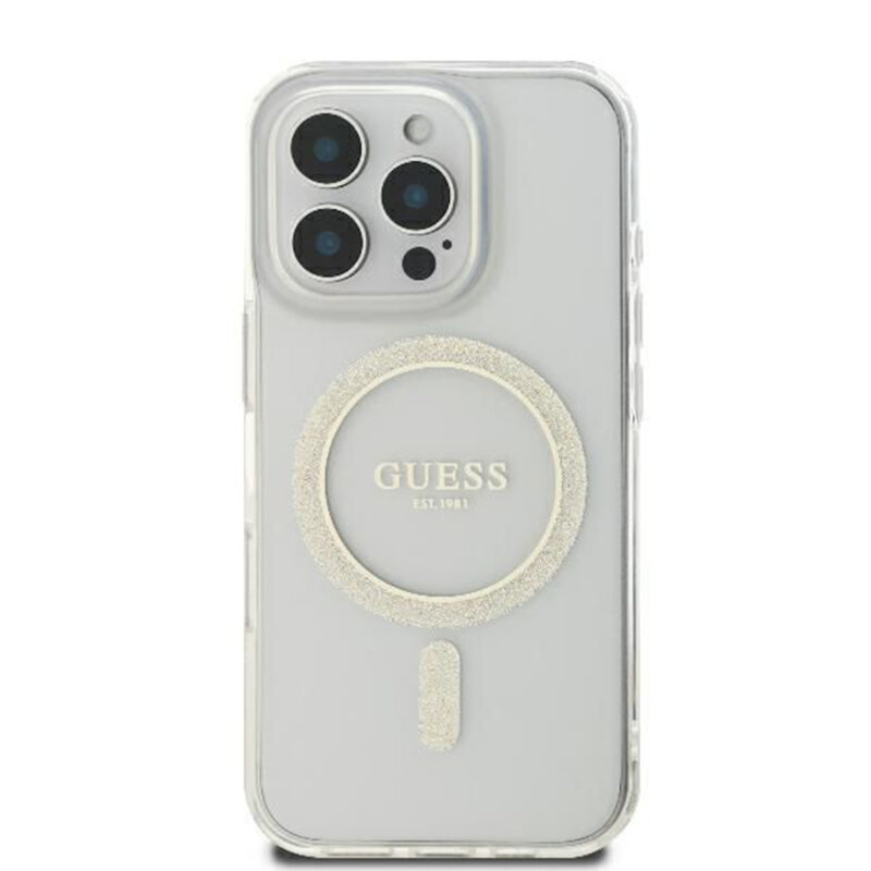 Husa iPhone 16 Pro originala Guess IML Glitter Circle MagSafe, transparenta, GUHMP16LHFGERET