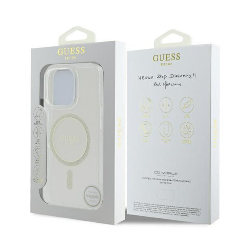 Husa iPhone 16 Pro originala Guess IML Glitter Circle MagSafe, transparenta, GUHMP16LHFGERET