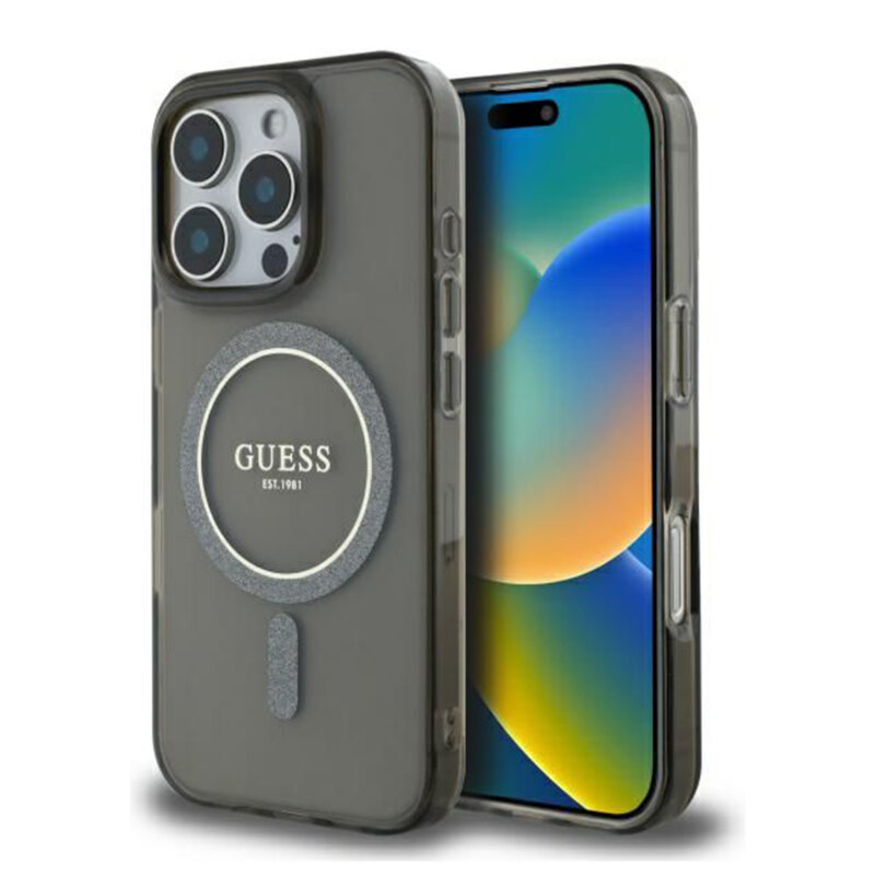 Husa iPhone 16 Pro originala Guess IML Glitter Circle MagSafe, negru, GUHMP16LHFGEREK