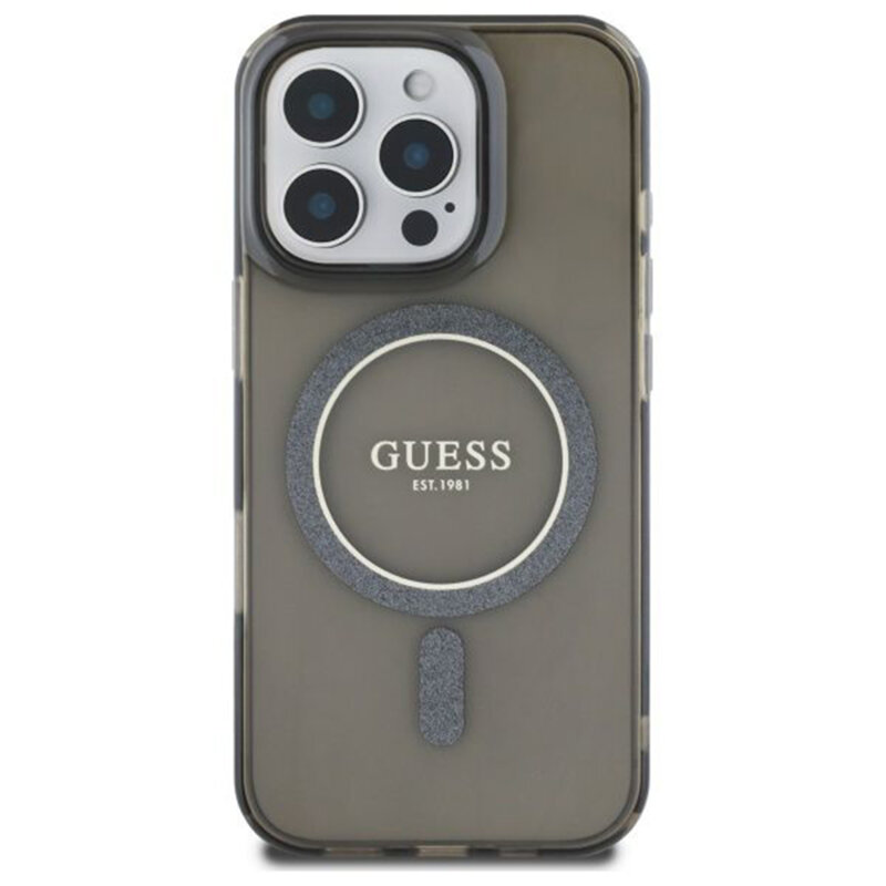 Husa iPhone 16 Pro originala Guess IML Glitter Circle MagSafe, negru, GUHMP16LHFGEREK