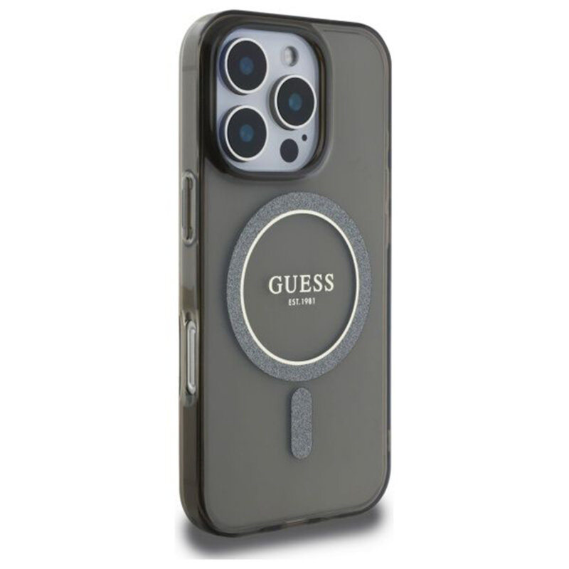 Husa iPhone 16 Pro originala Guess IML Glitter Circle MagSafe, negru, GUHMP16LHFGEREK