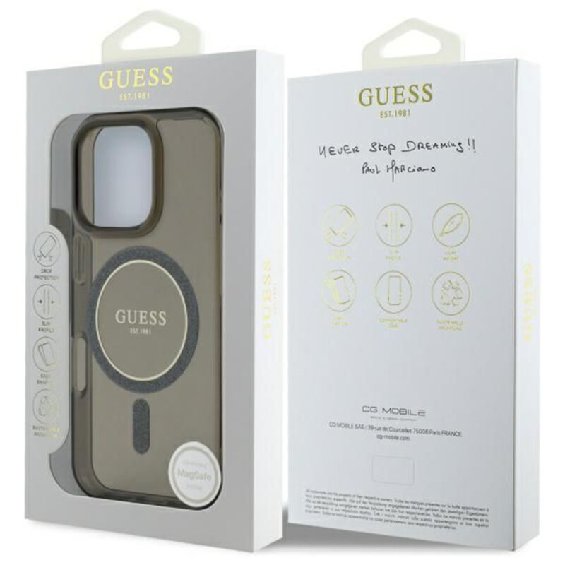 Husa iPhone 16 Pro originala Guess IML Glitter Circle MagSafe, negru, GUHMP16LHFGEREK