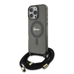 Husa Guess IML Crossbody Cord Script MagSafe iPhone 16 Pro, negru, GUHMP16LHCTSGNSK