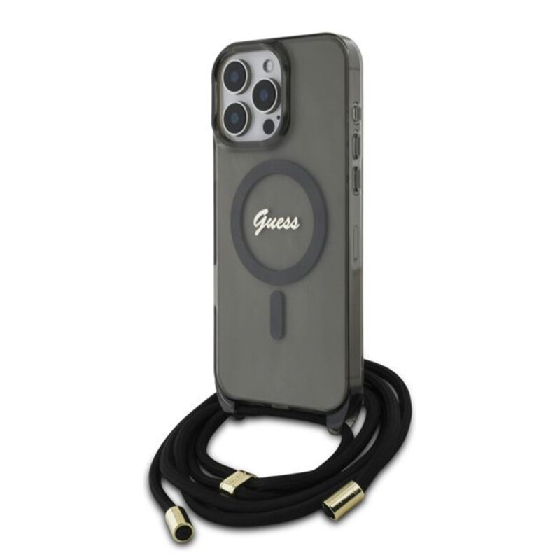 Husa Guess IML Crossbody Cord Script MagSafe iPhone 16 Pro, negru, GUHMP16LHCTSGNSK