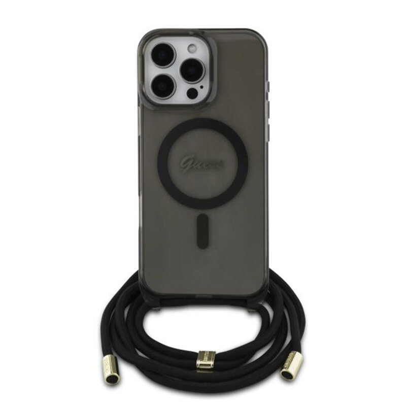 Husa Guess IML Crossbody Cord Script MagSafe iPhone 16 Pro, negru, GUHMP16LHCTSGNSK