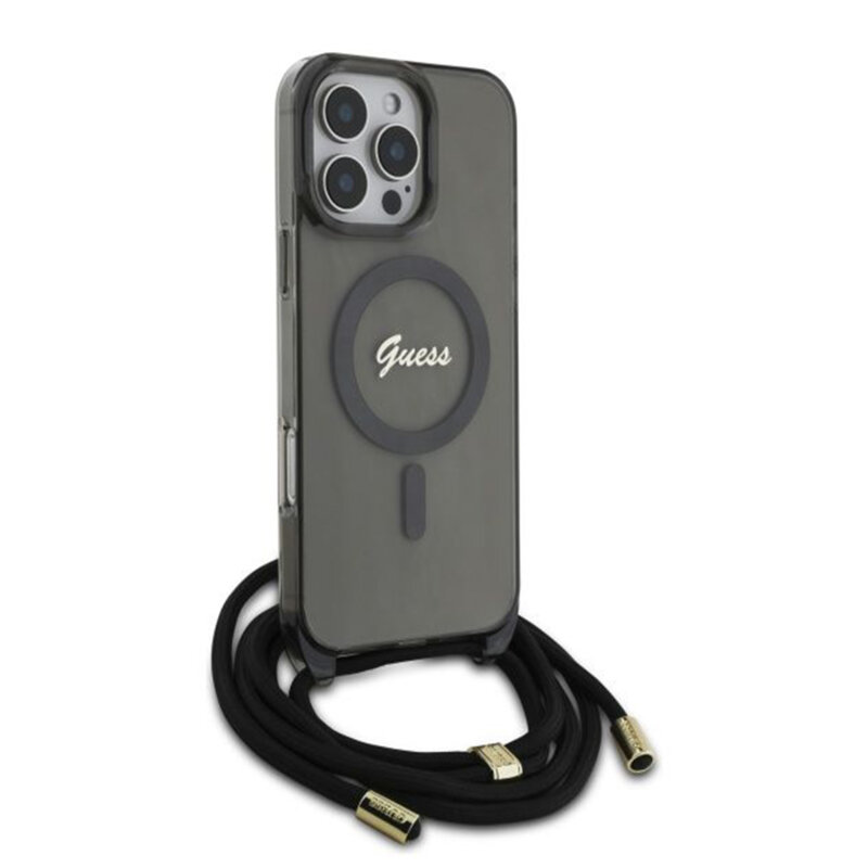 Husa Guess IML Crossbody Cord Script MagSafe iPhone 16 Pro, negru, GUHMP16LHCTSGNSK