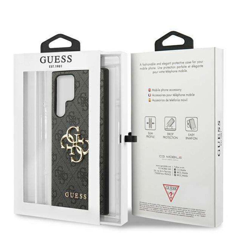 Husa Samsung Galaxy S24 Ultra Guess Leather 4G Metal Logo, negru, GUHCS24L4GMGGR