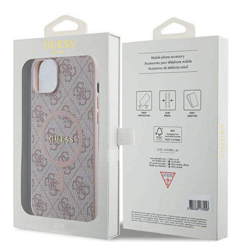 Husa iPhone 14 Guess 4G Ring Classic Logo MagSafe, roz, GUHMP14SG4GFRP