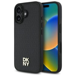 Husa piele iPhone 16 DKNY Leather Hardcase Repeat Pattern Stack Logo MagSafe, negru, DKHMP16SPSHRPSK