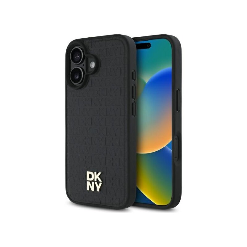Husa piele iPhone 16 DKNY Leather Hardcase Repeat Pattern Stack Logo MagSafe, negru, DKHMP16SPSHRPSK