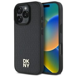 Husa piele iPhone 16 Pro Max DKNY Leather Hardcase Repeat Pattern Stack Logo MagSafe, negru, DKHMP16XPSHRPSK